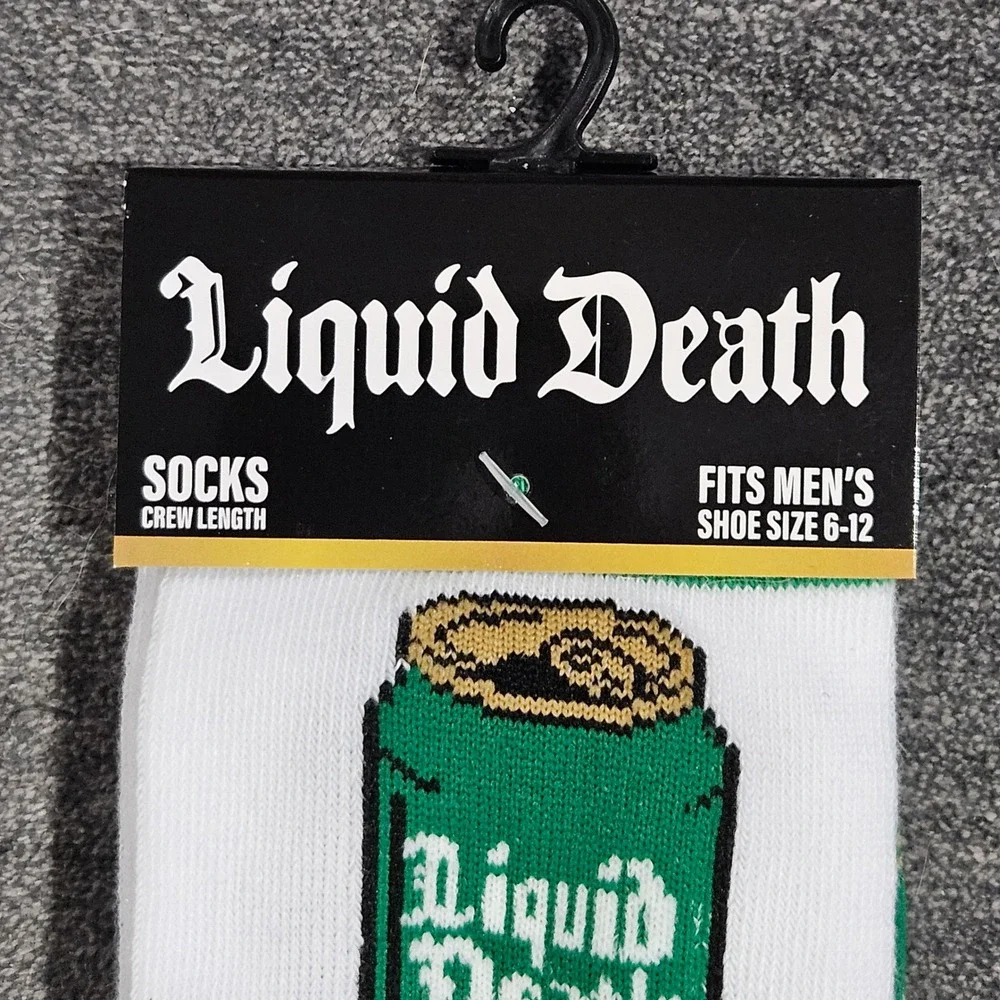 Liquid Death Mens Crew Socks White Green Can Graphic Print Shoe Size 6-12 NEW